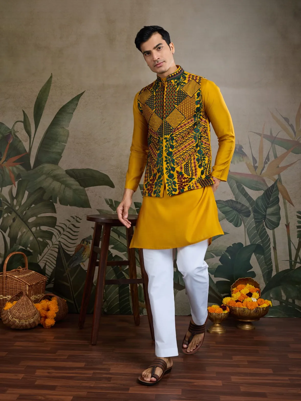 Yellow Viscose Rajwadi Silk Heavy Thread Work Kurta Payjama With Koti Jacket