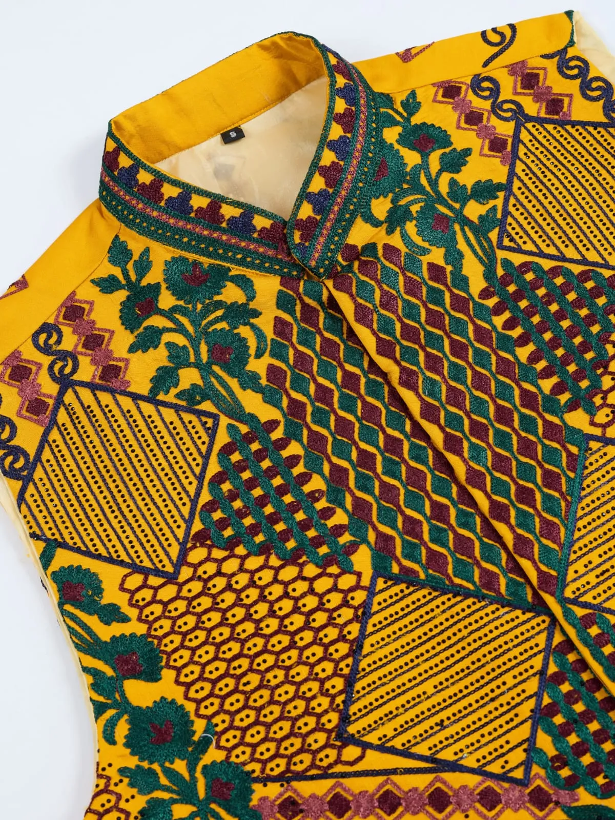 Yellow Viscose Rajwadi Silk Heavy Thread Work Kurta Payjama With Koti Jacket