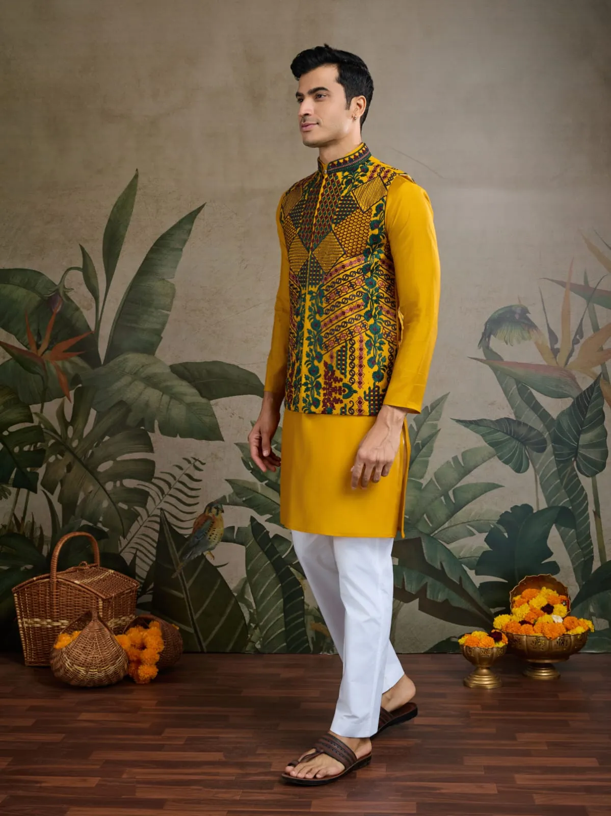Yellow Viscose Rajwadi Silk Heavy Thread Work Kurta Payjama With Koti Jacket