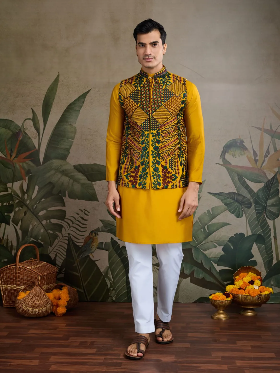 Yellow Viscose Rajwadi Silk Heavy Thread Work Kurta Payjama With Koti Jacket
