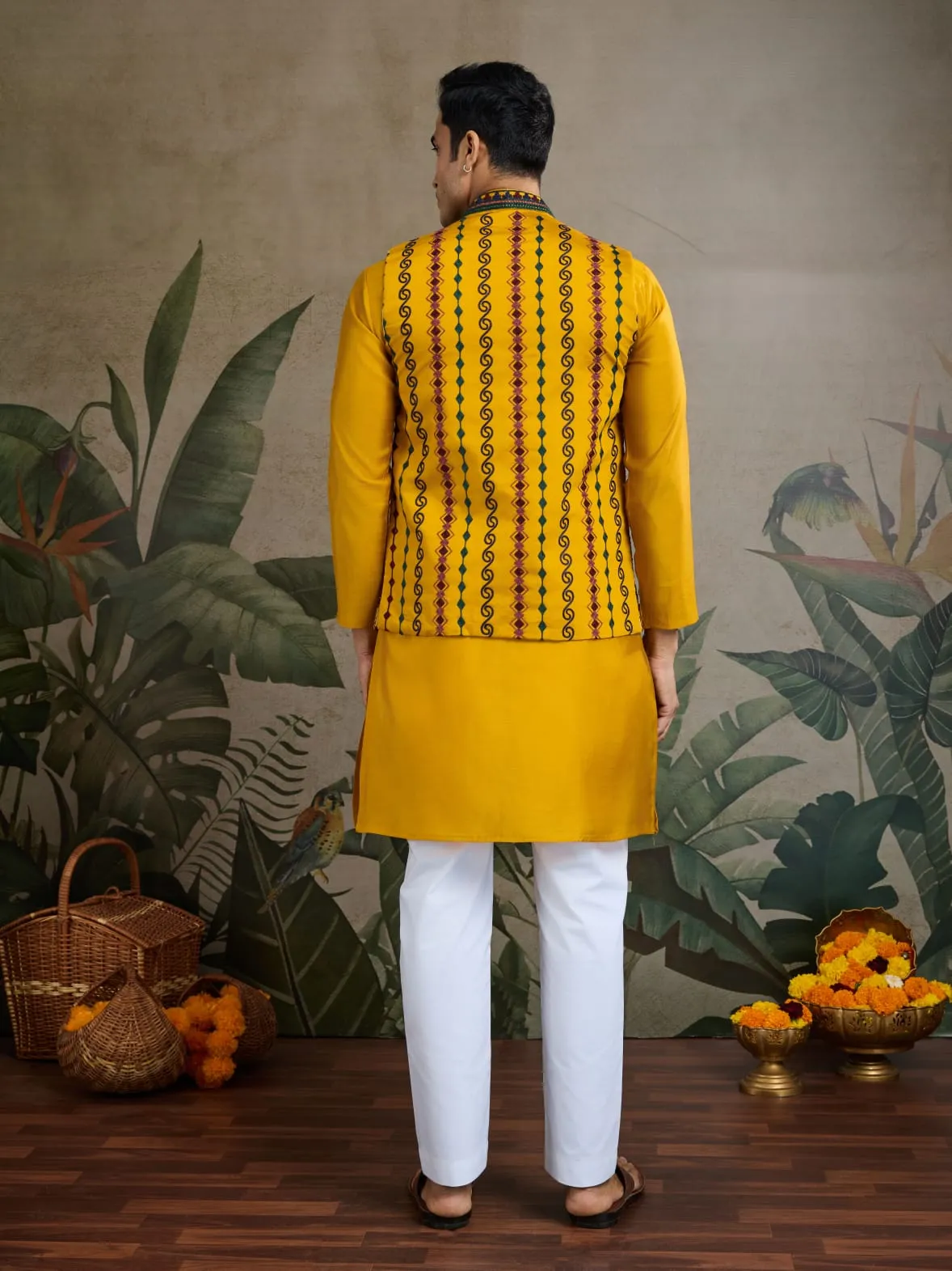 Yellow Viscose Rajwadi Silk Heavy Thread Work Kurta Payjama With Koti Jacket